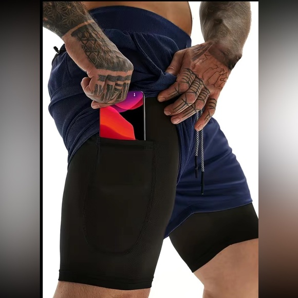 Men gray camo double layer gym workout shorts with inner pocket - Picture 13 of 16